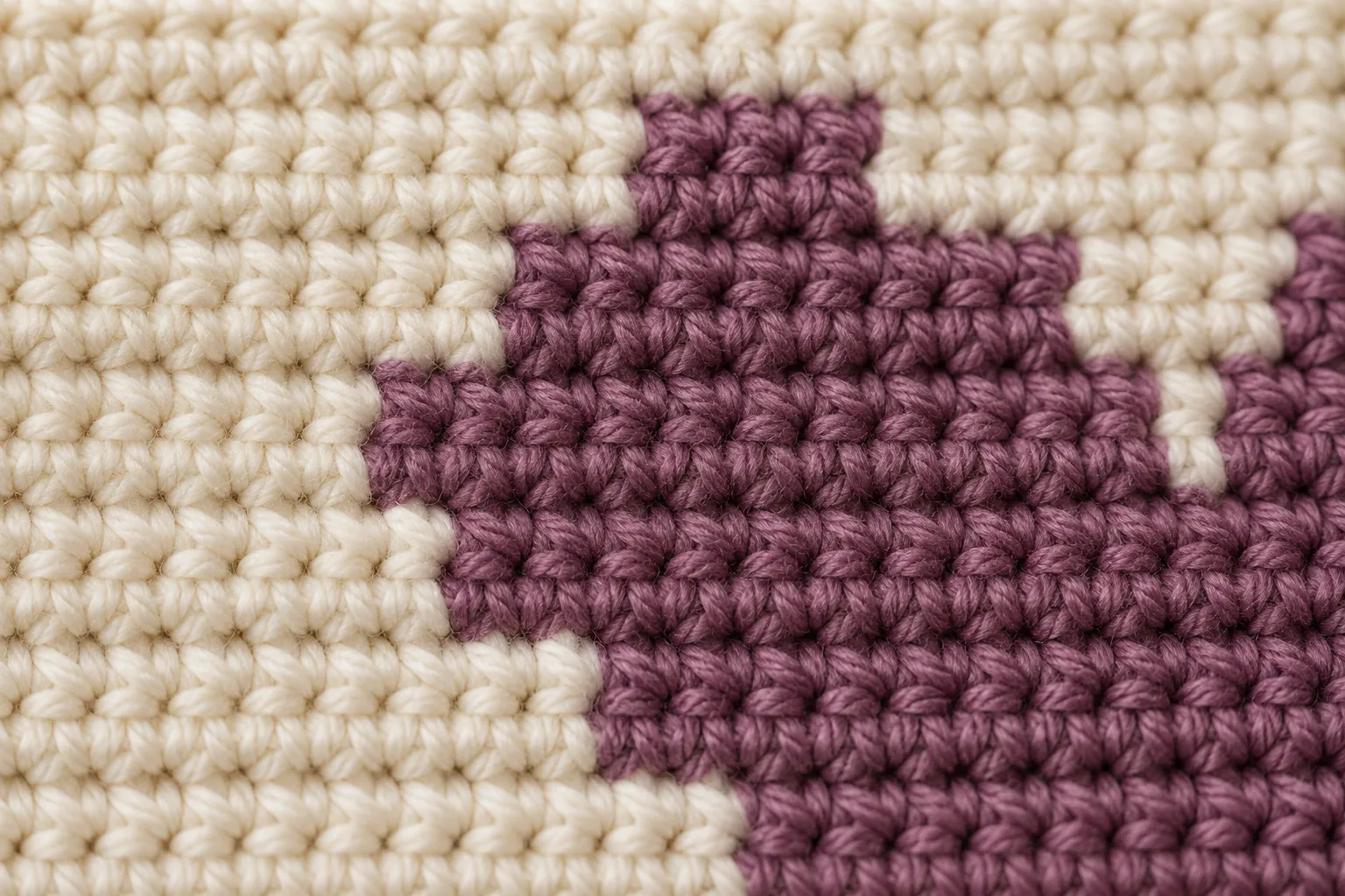 Close-up of ivory and plum-purple crochet stitches along a stepped color boundary