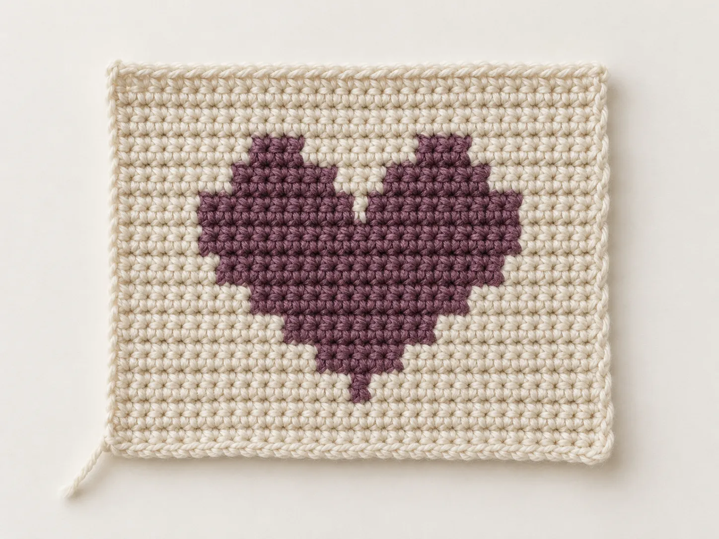 Crocheted ivory swatch with a plum-purple heart, stepped color edges, and a loose yarn tail